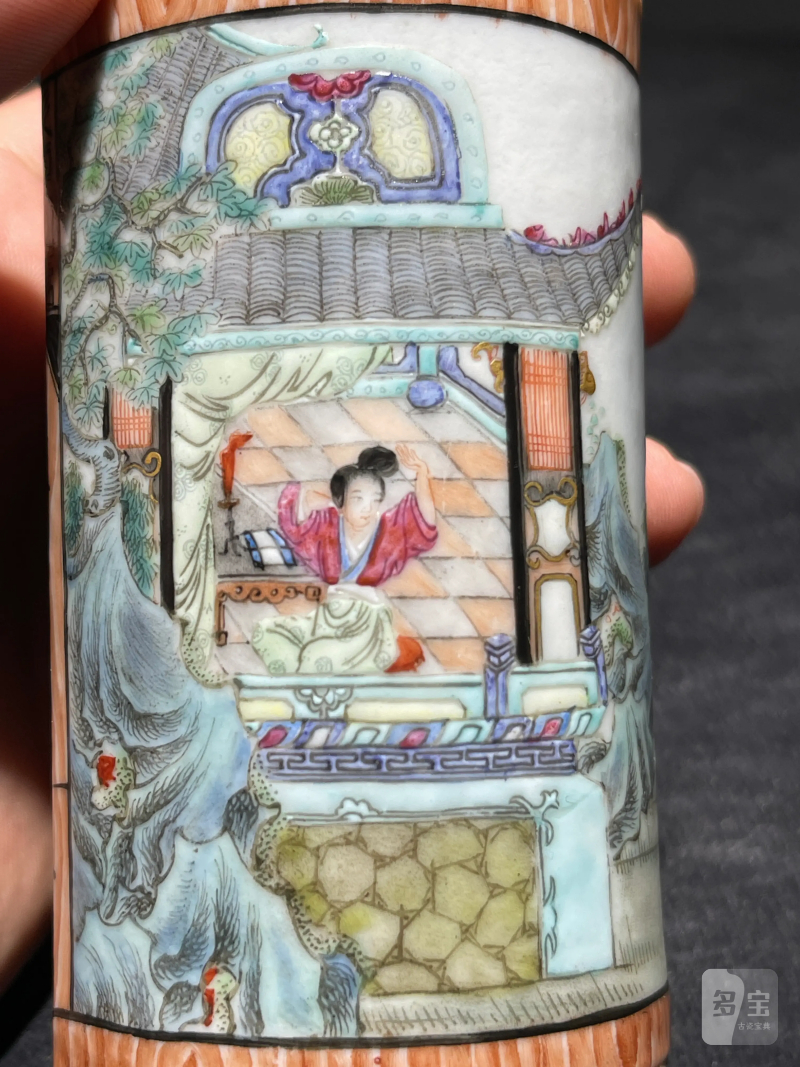 民国 “彤云山房”款粉彩人物纹书卷形笔筒 - 图6